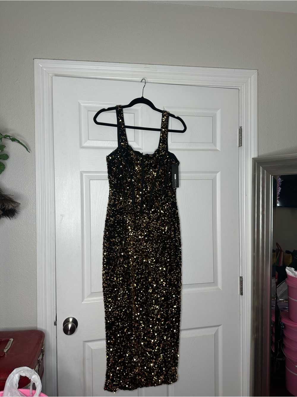 Fashion Nova Black & Gold Sequin Midi Dress - Sleeveless Bodycon